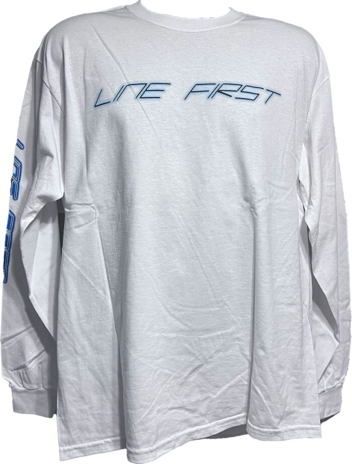 Line-First-Clothing-Company-Blue-Mustang-Logo-Longsleeve-T-Shirt-White-Front