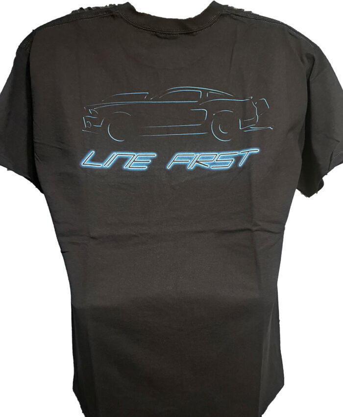 Line-First-Clothing-Company-Blue-Mustang-Logo-T-Shirt-Black-Back