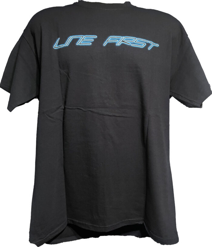 Line-First-Clothing-Company-Blue-Mustang-Logo-T-Shirt-Black-Front