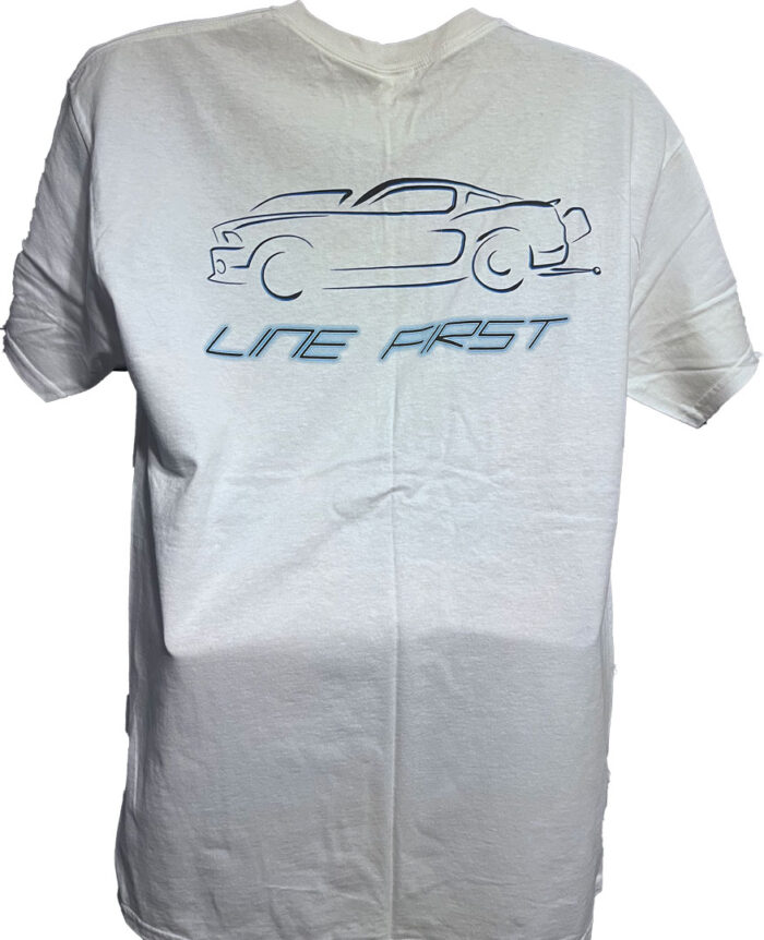 Line-First-Clothing-Company-Blue-Mustang-Logo-T-Shirt-White-Back