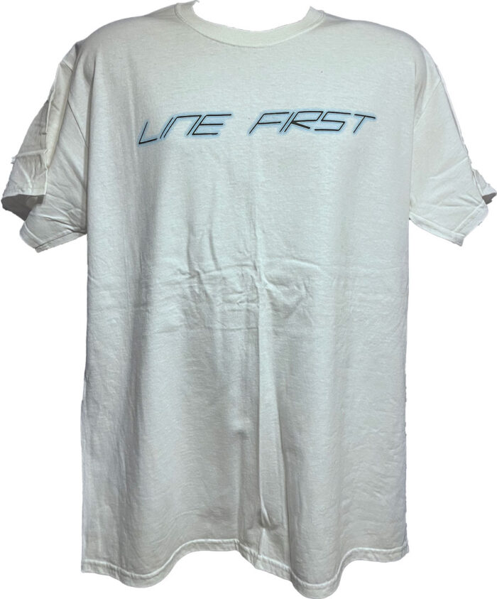 Line-First-Clothing-Company-Blue-Mustang-Logo-T-Shirt-White-Front