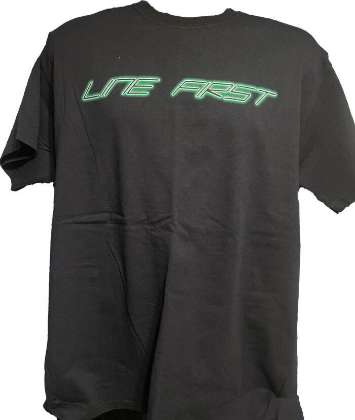 Line-First-Clothing-Company-Green-Camaro-Logo-T-Shirt-Black-Front