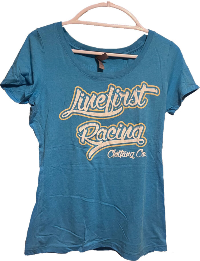 Line-First-Clothing-Company-Logo-T-Shirt-Womans-Blue-Front